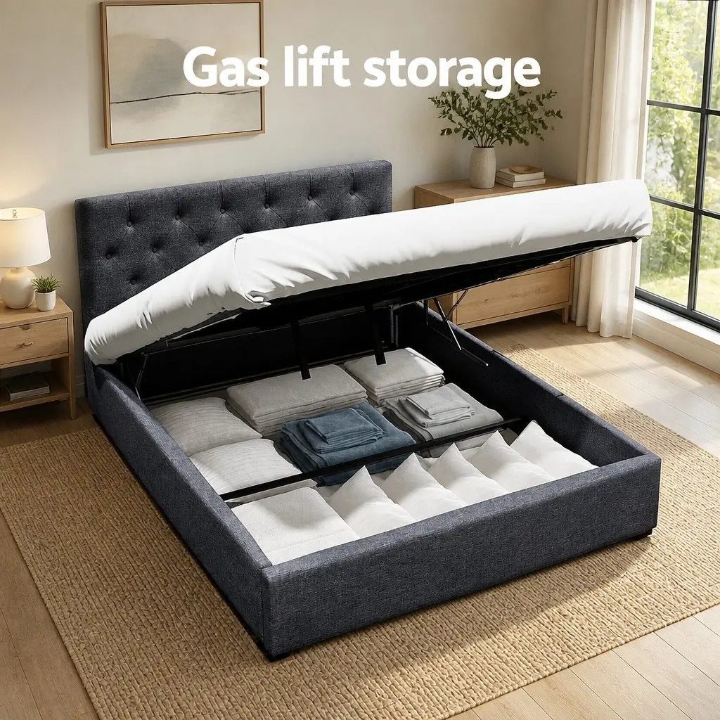 Double Gas Lift Bed Frame Charcoal Tufted Headboard Double Size Wooden