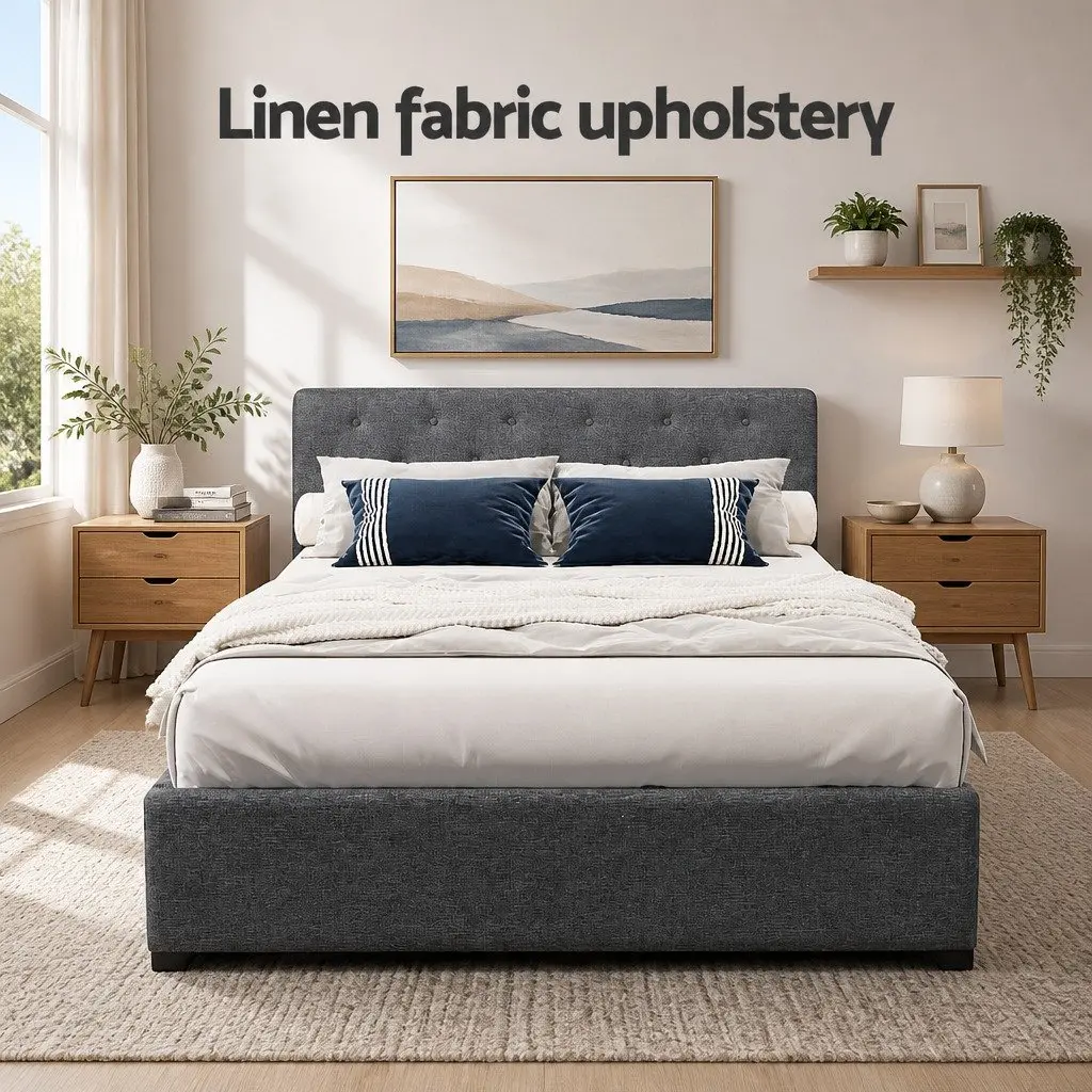 Double Gas Lift Bed Frame Charcoal Tufted Headboard Double Size Wooden