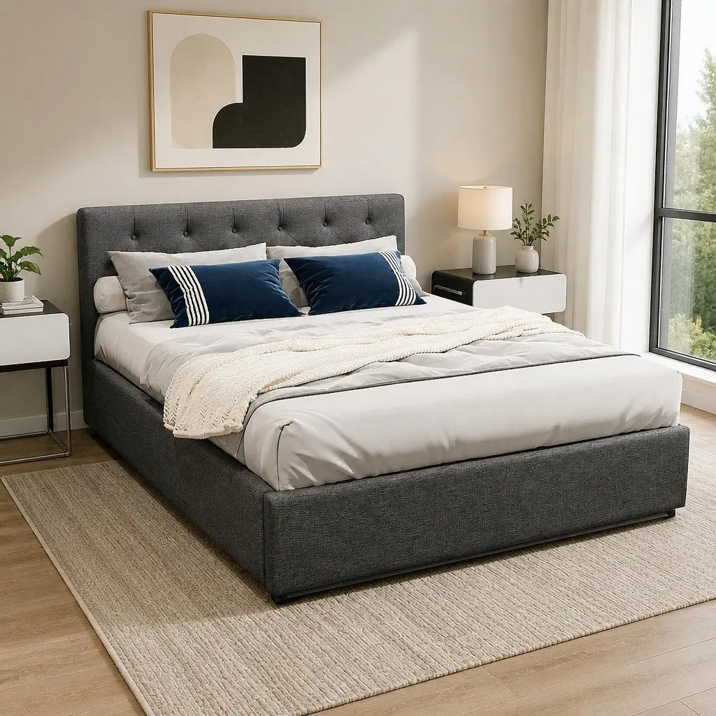 Double Gas Lift Bed Frame Charcoal Tufted Headboard Double Size Wooden