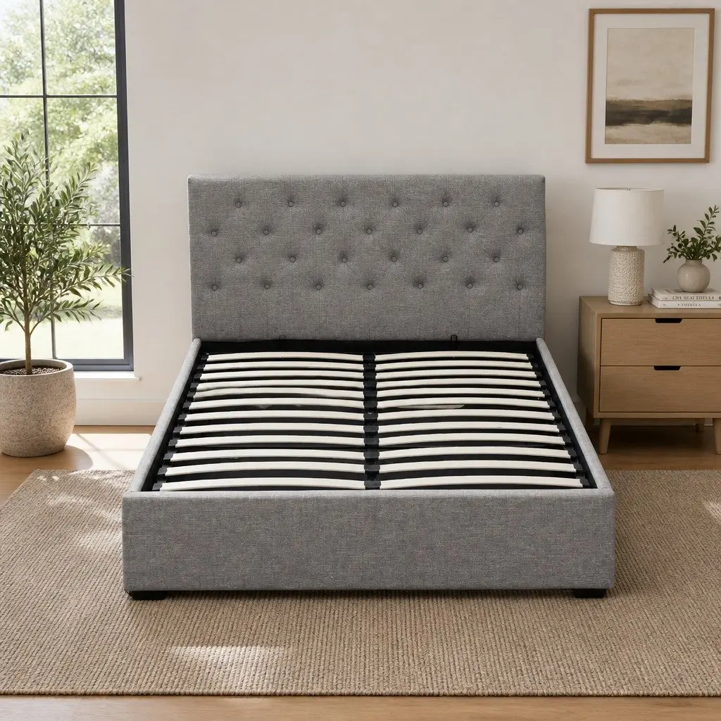 Grey Upholstered Double Gas Lift Bed Frame with Storage