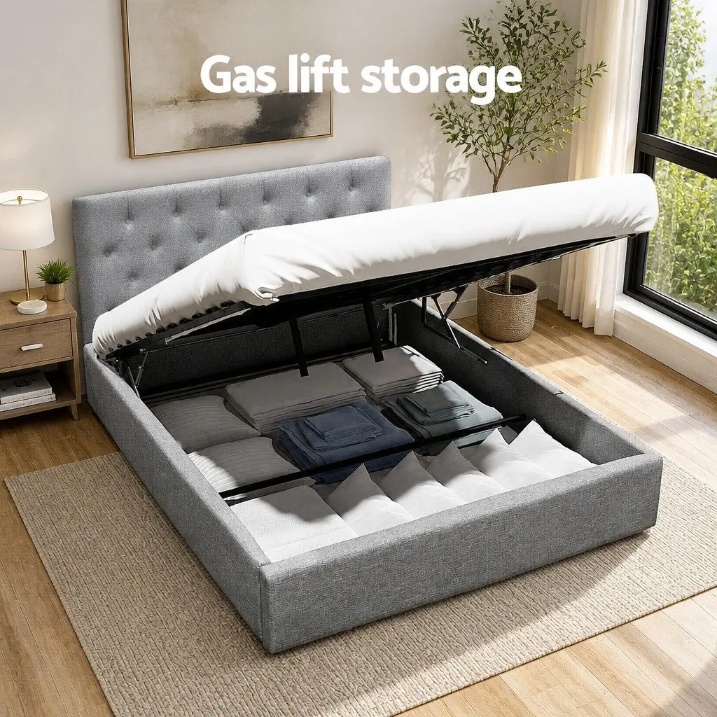 Grey Upholstered Double Gas Lift Bed Frame with Storage