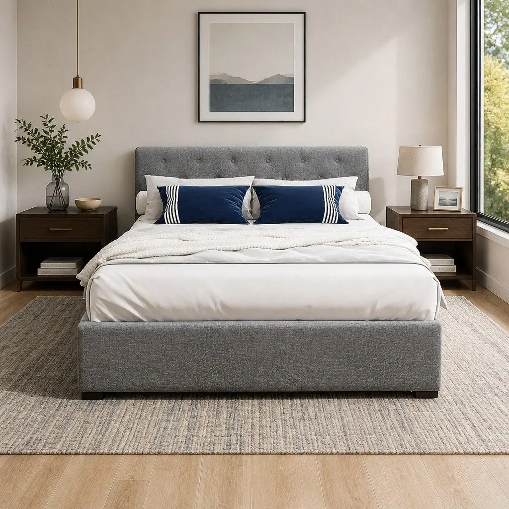 Grey Upholstered Double Gas Lift Bed Frame with Storage