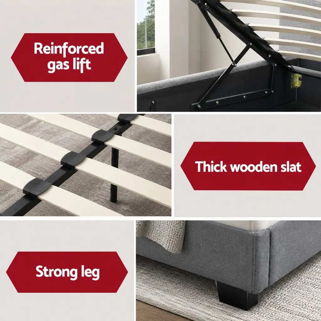 Grey Upholstered Double Gas Lift Bed Frame with Storage