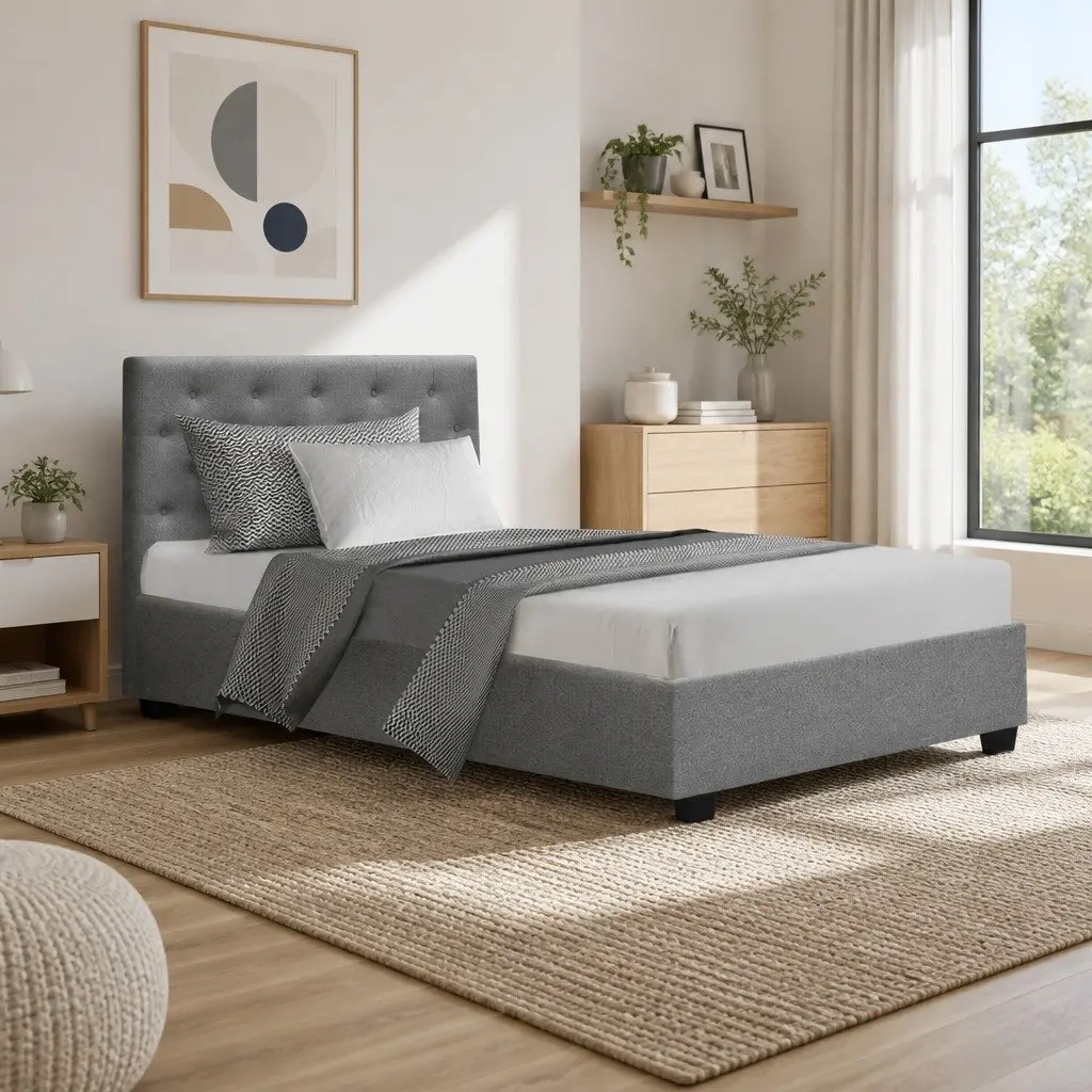 Grey Tufted King Single Bed Frame with Gas Lift Storage
