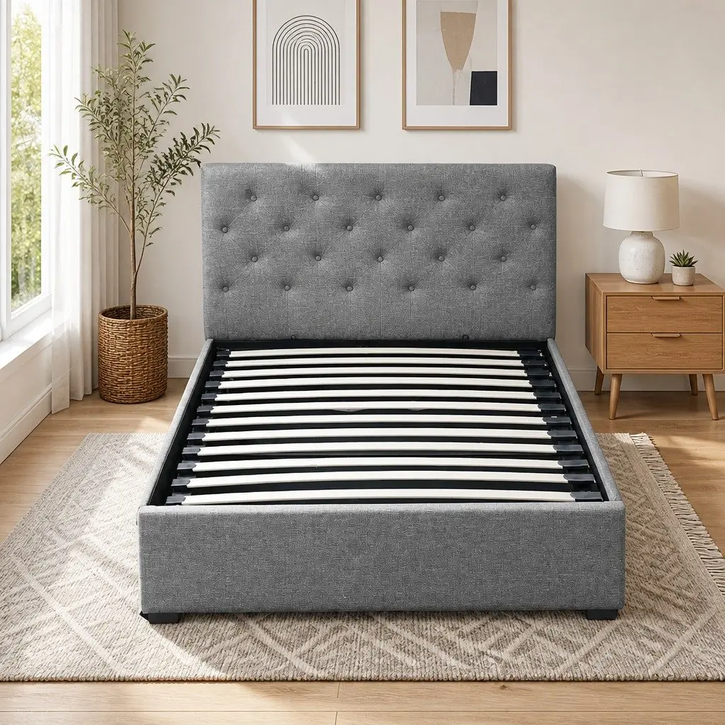 Grey Tufted King Single Bed Frame with Gas Lift Storage