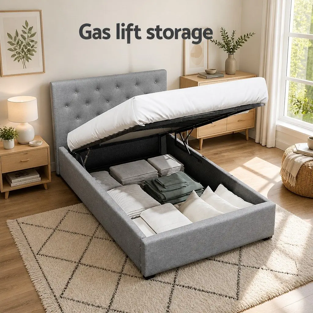 Grey Tufted King Single Bed Frame with Gas Lift Storage