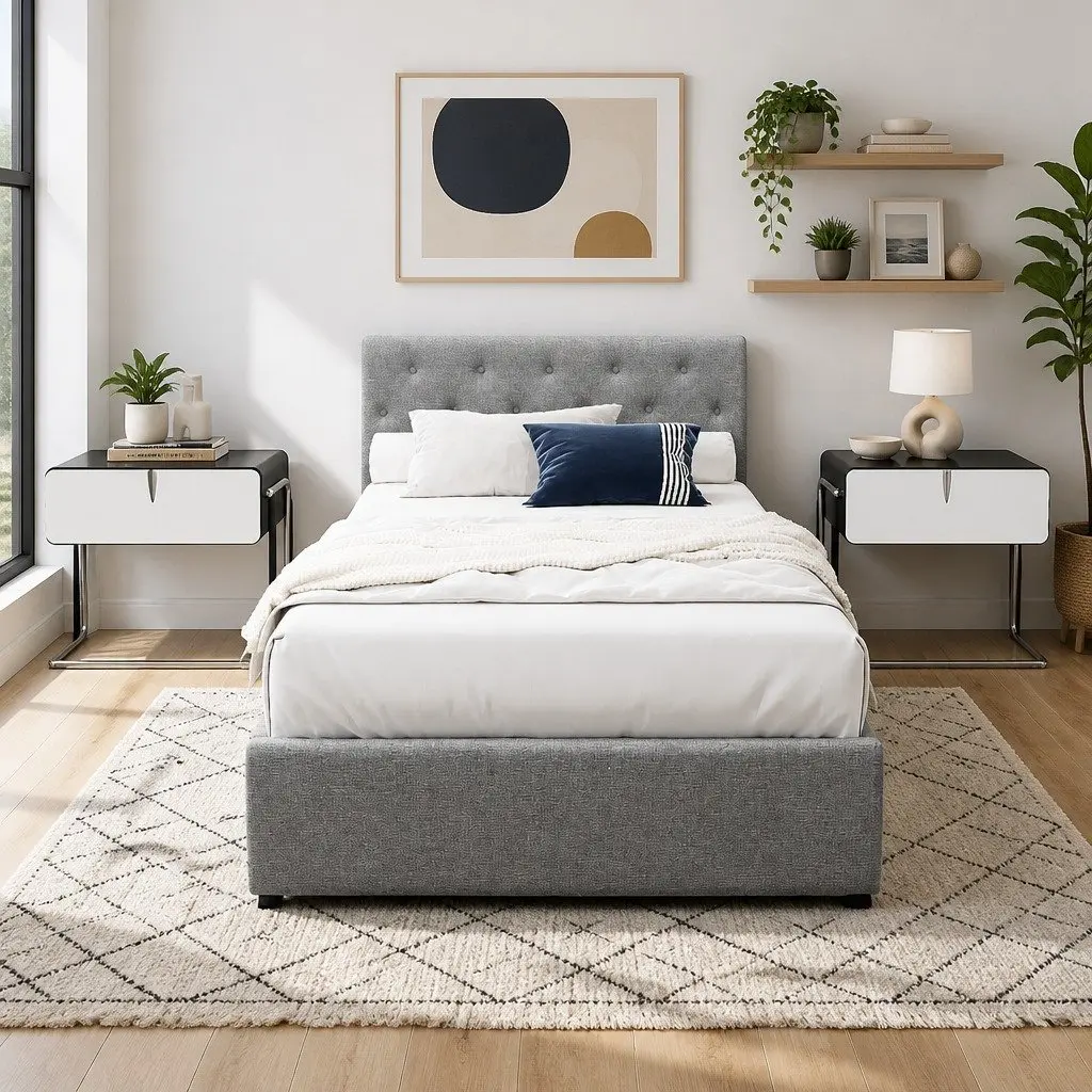 Grey Tufted King Single Bed Frame with Gas Lift Storage