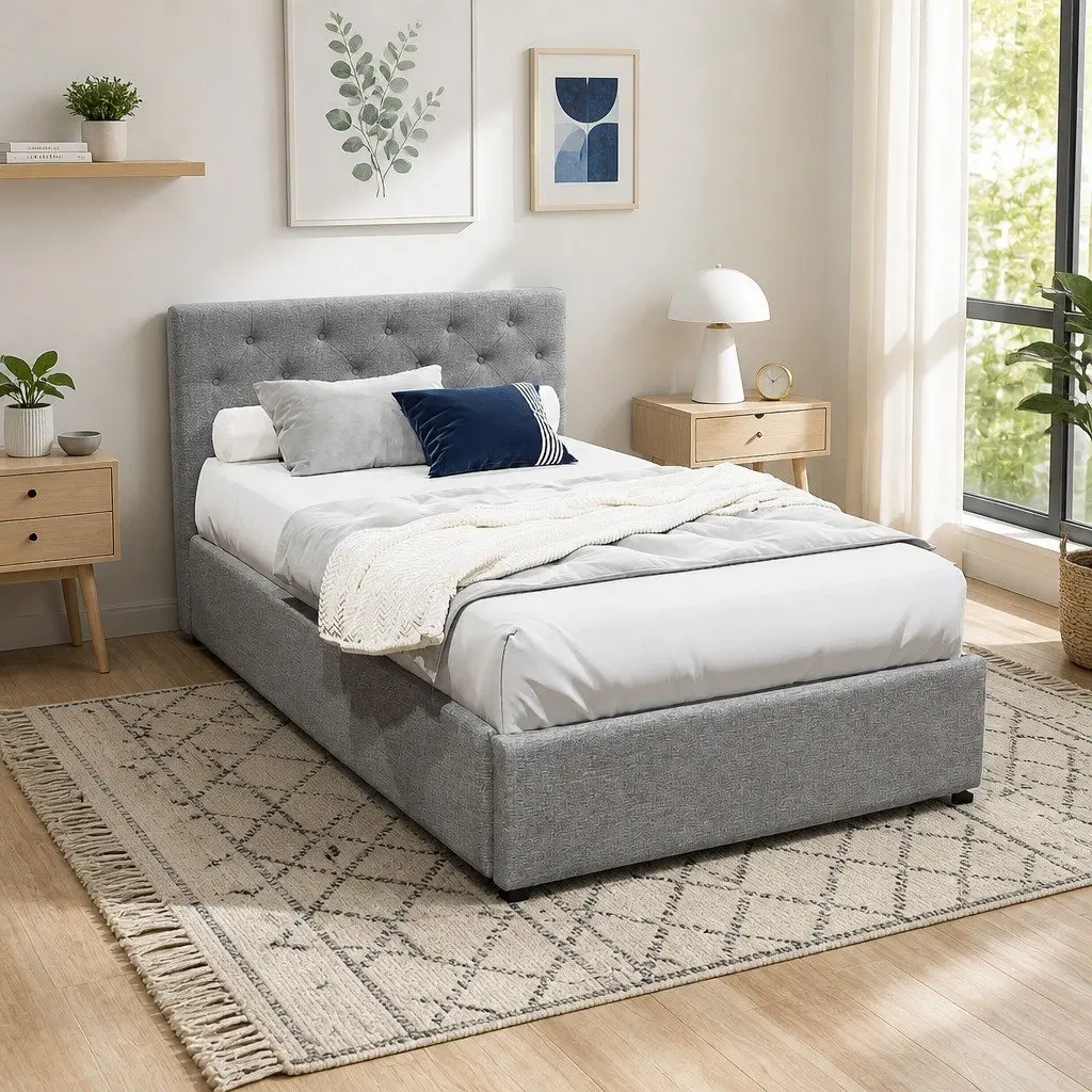 Grey Tufted King Single Bed Frame with Gas Lift Storage