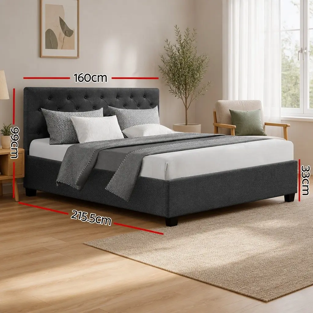 Queen Size Bed Frame Charcoal Tufted Headboard Gas Lift Storage Wooden Slat