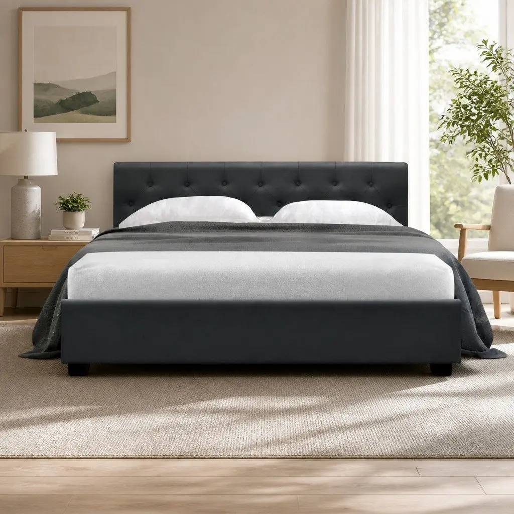 Queen Size Bed Frame Charcoal Tufted Headboard Gas Lift Storage Wooden Slat