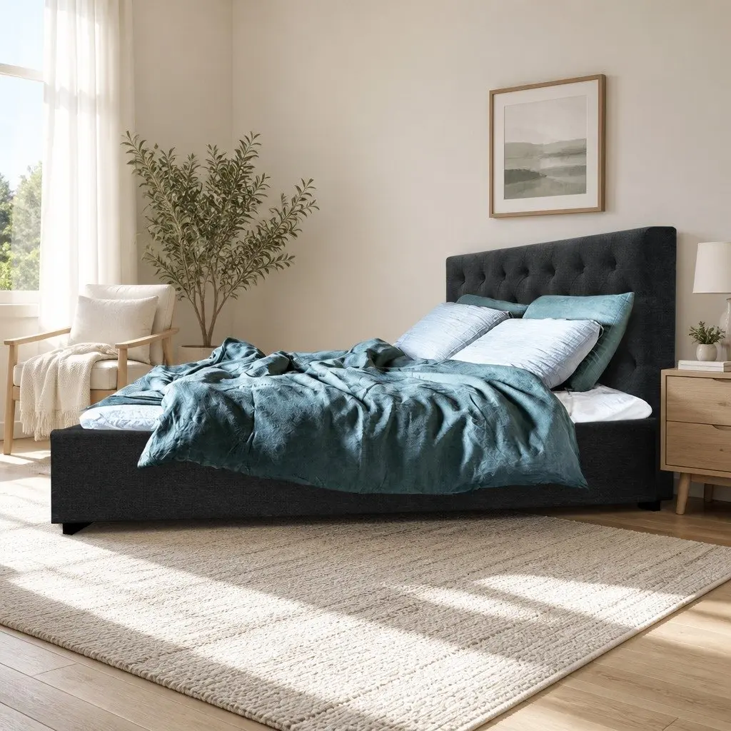 Queen Size Bed Frame Charcoal Tufted Headboard Gas Lift Storage Wooden Slat