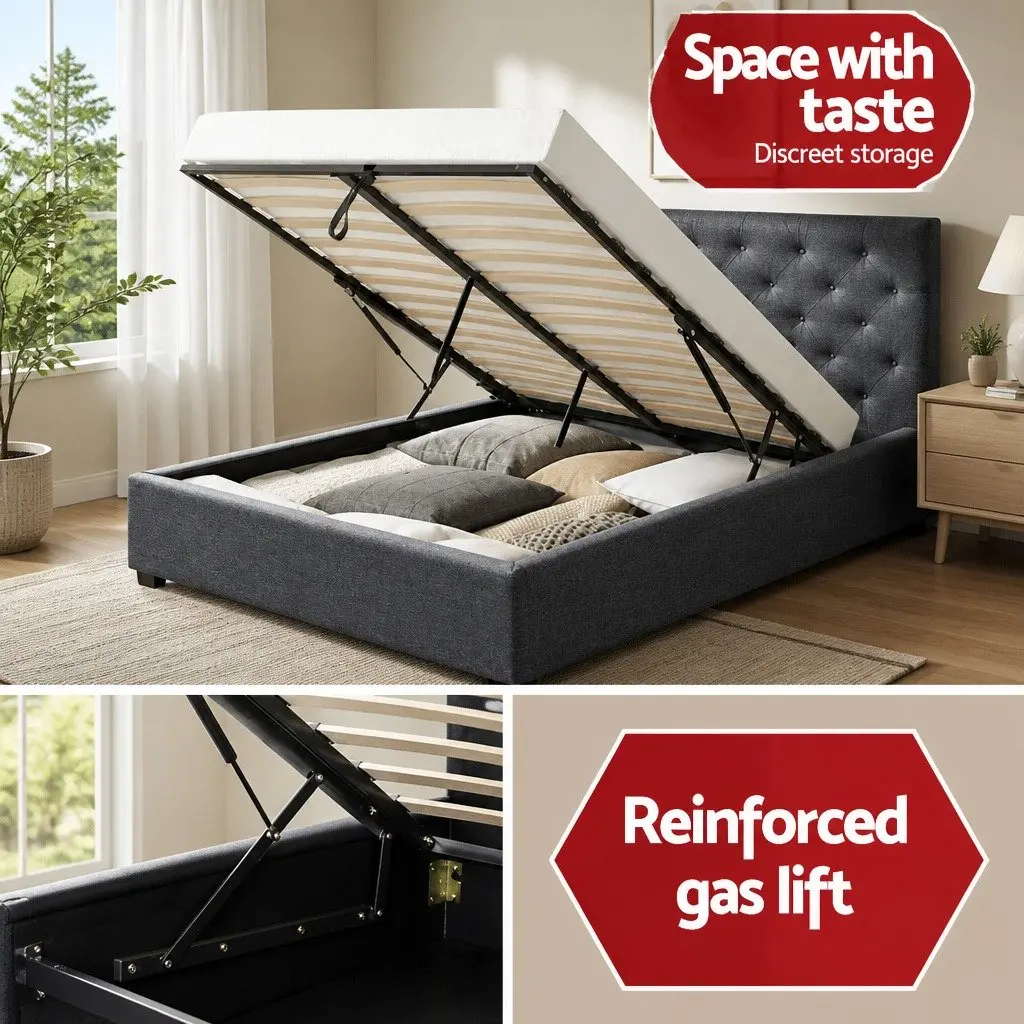 Queen Size Bed Frame Charcoal Tufted Headboard Gas Lift Storage Wooden Slat