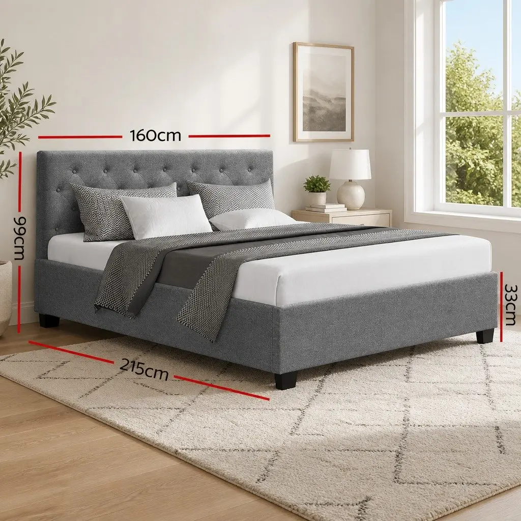 Queen Size Bed Frame Grey Upholstered Gas Lift Storage Faux Linen Fabric