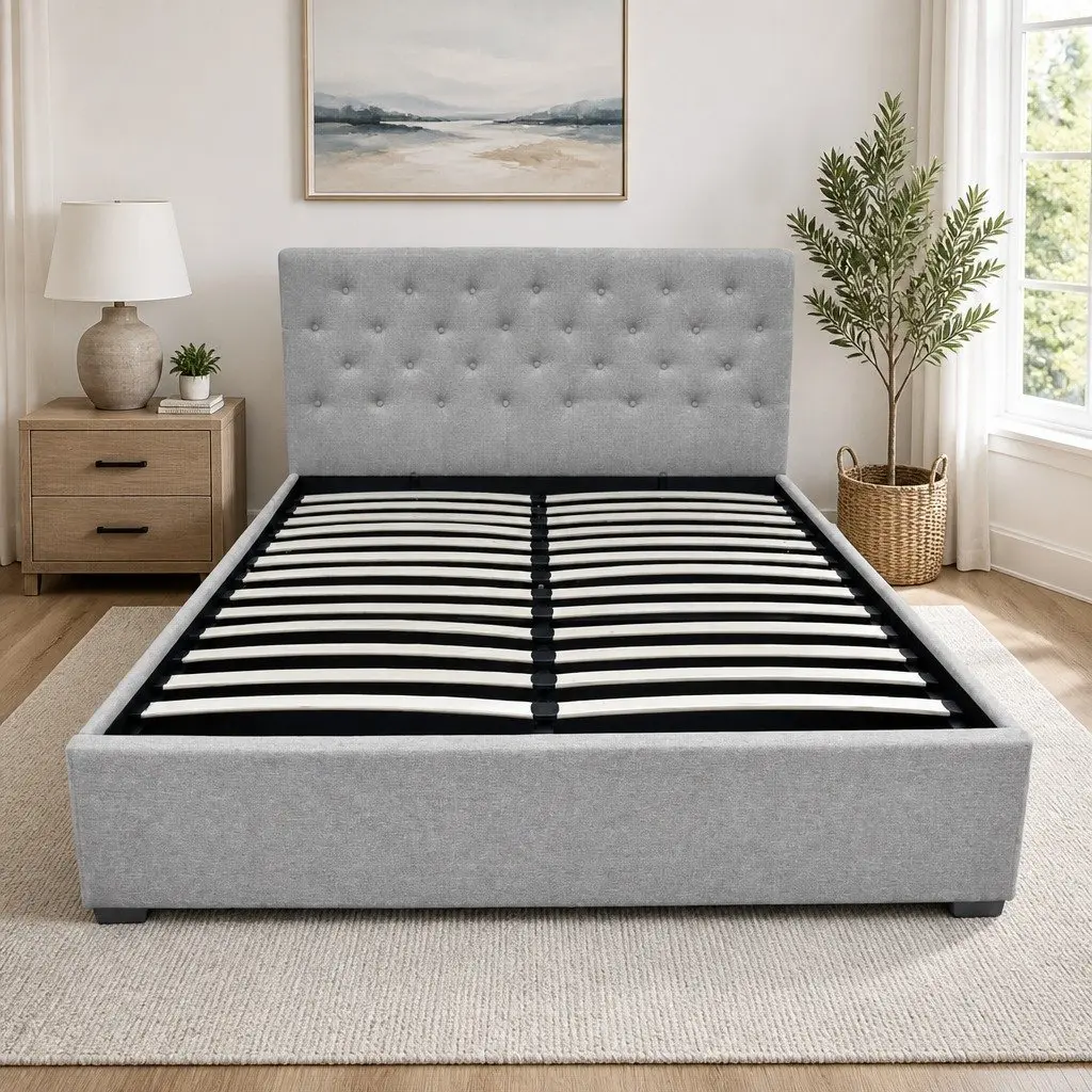 Queen Size Bed Frame Grey Upholstered Gas Lift Storage Faux Linen Fabric