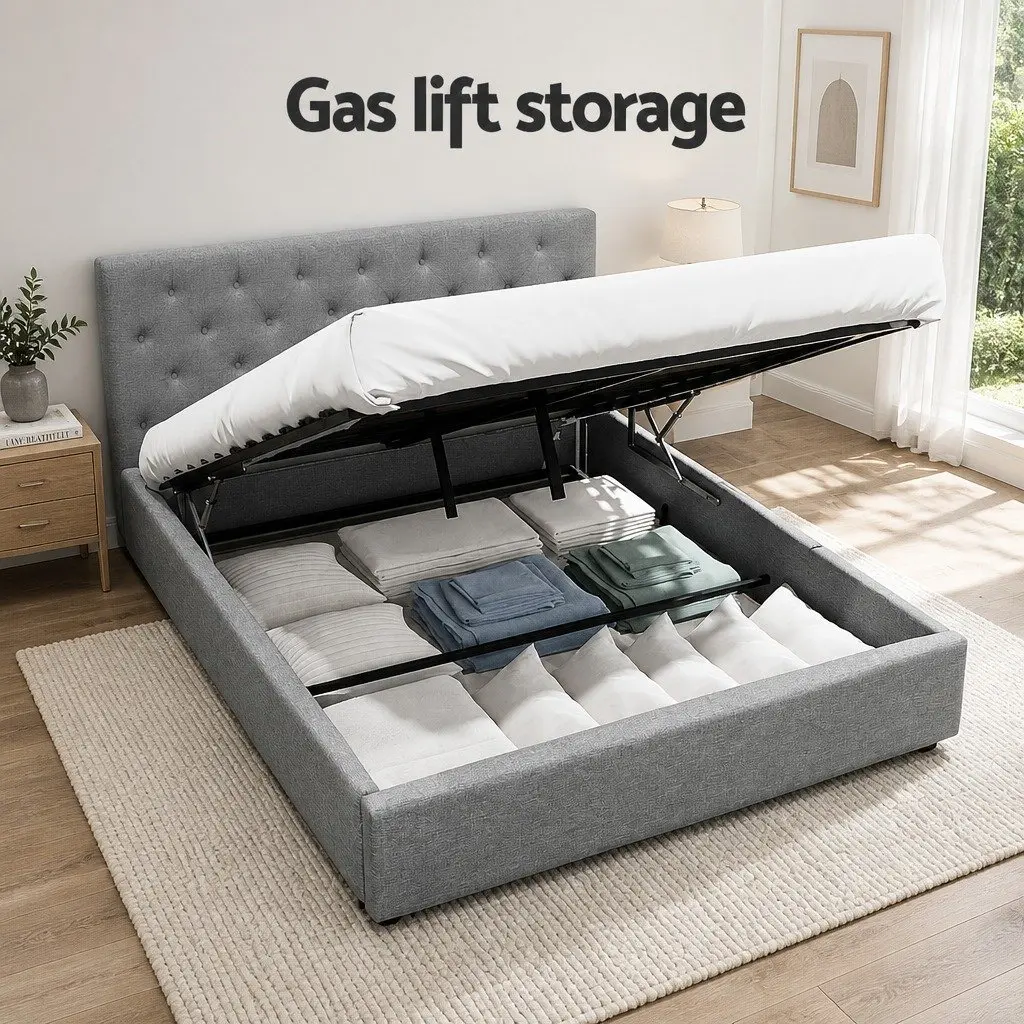 Queen Size Bed Frame Grey Upholstered Gas Lift Storage Faux Linen Fabric