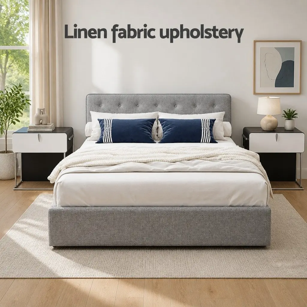 Queen Size Bed Frame Grey Upholstered Gas Lift Storage Faux Linen Fabric