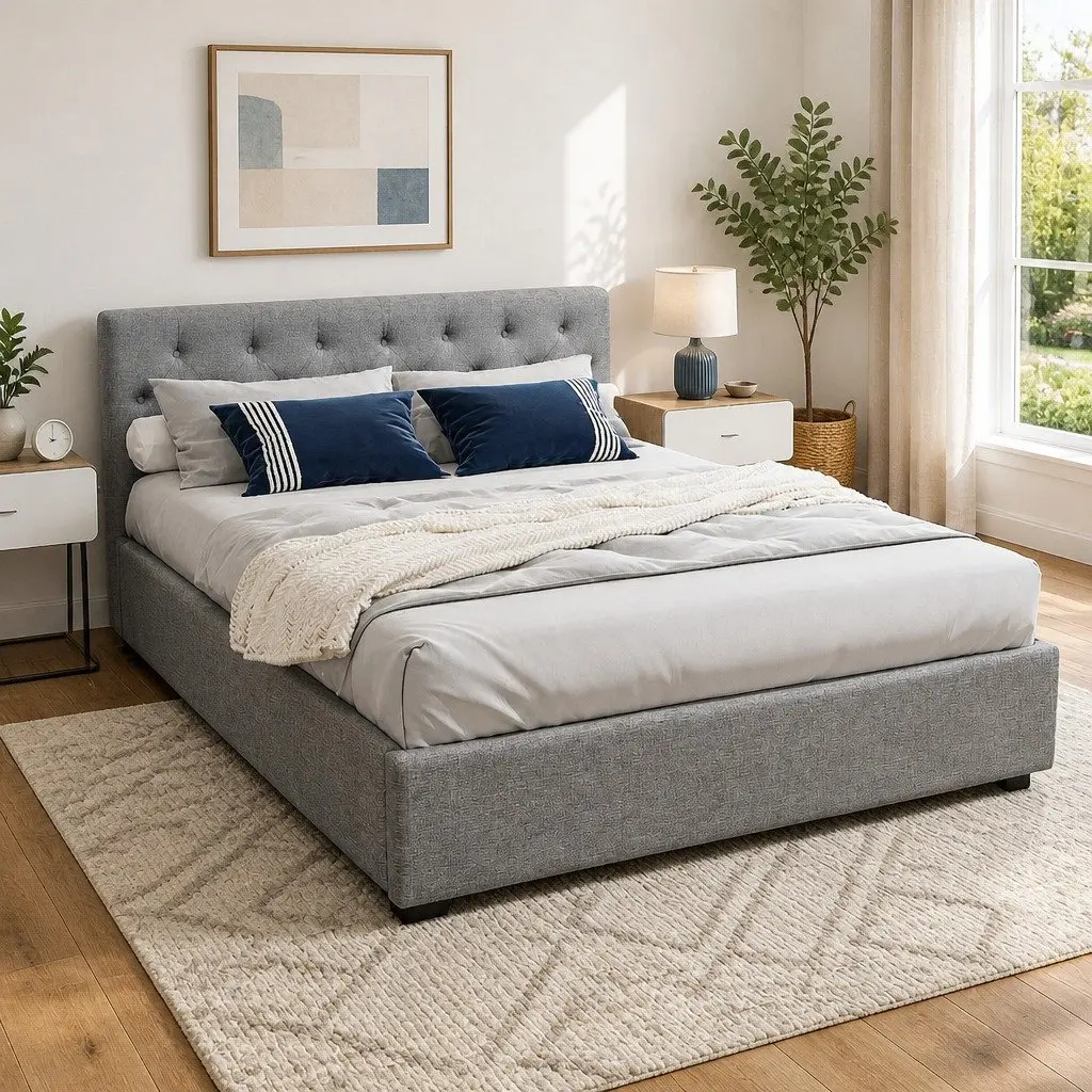 Queen Size Bed Frame Grey Upholstered Gas Lift Storage Faux Linen Fabric