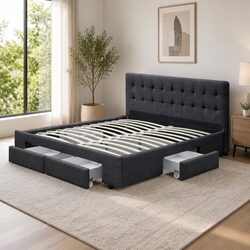 Grey Upholstered Double Bed Frame with 4 Storage Drawers