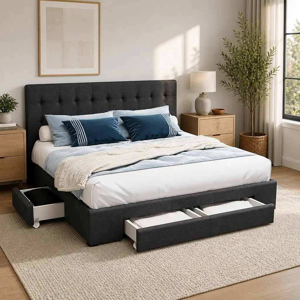 Grey Upholstered Double Bed Frame with 4 Storage Drawers