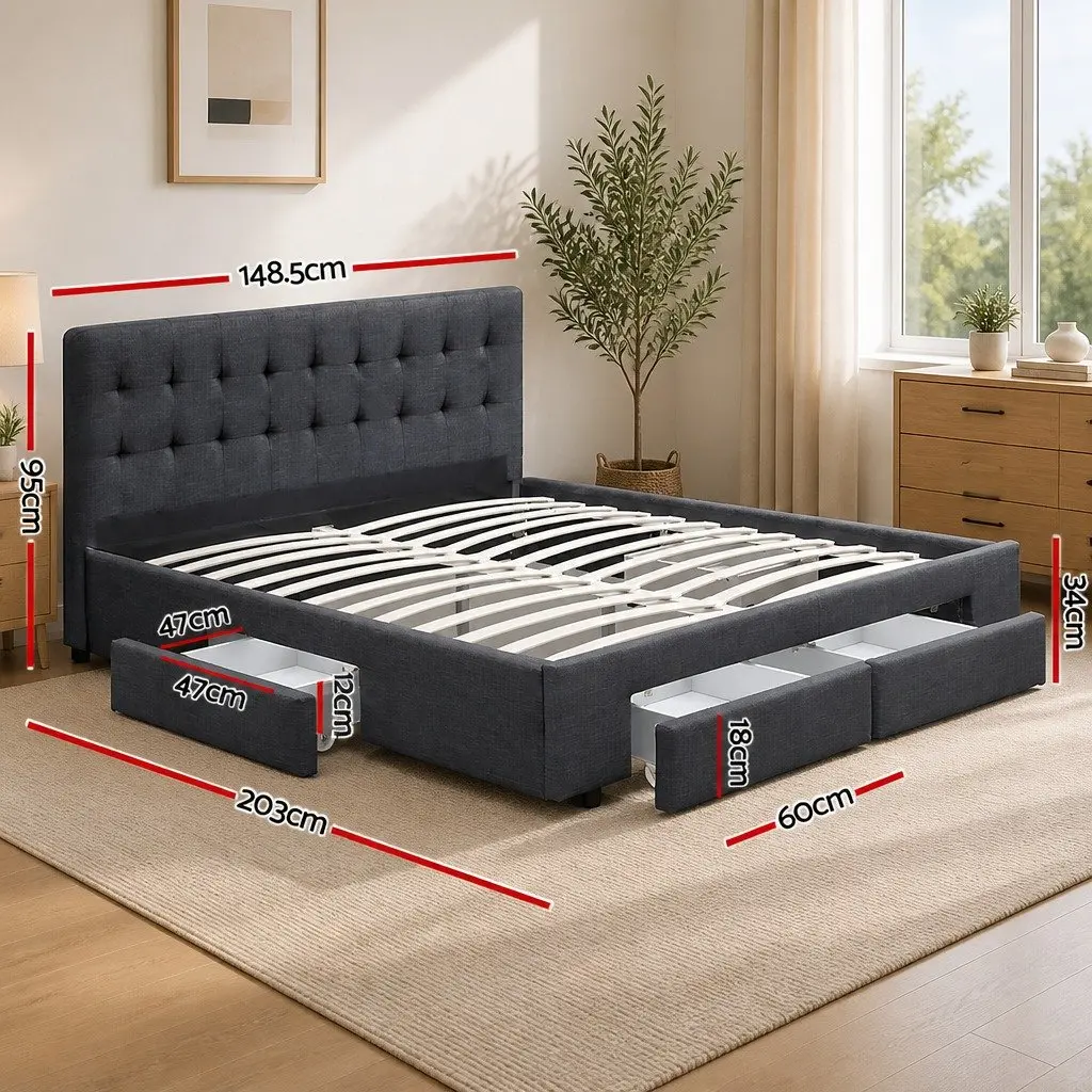Grey Upholstered Double Bed Frame with 4 Storage Drawers