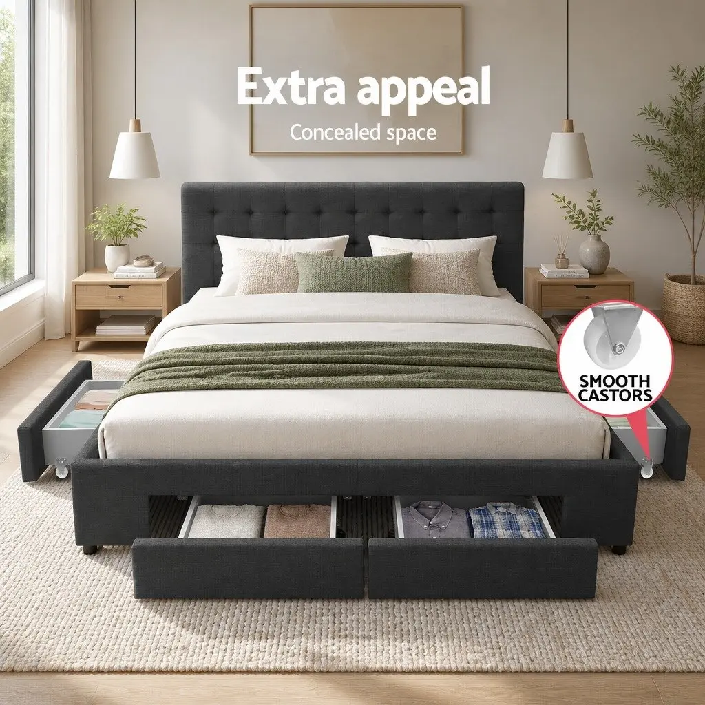 Grey Upholstered Double Bed Frame with 4 Storage Drawers