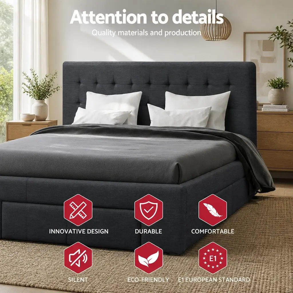 Grey Upholstered Double Bed Frame with 4 Storage Drawers