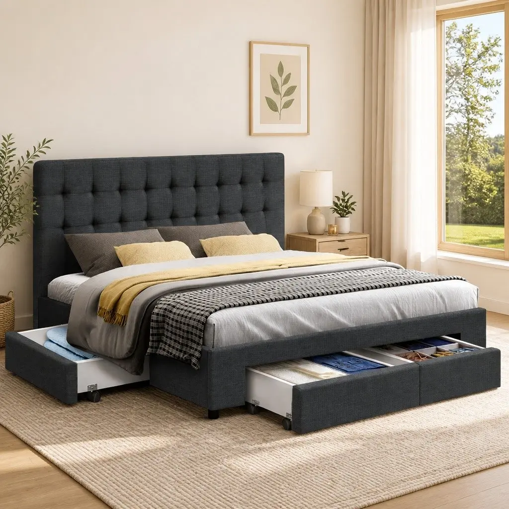 Grey Upholstered Double Bed Frame with 4 Storage Drawers