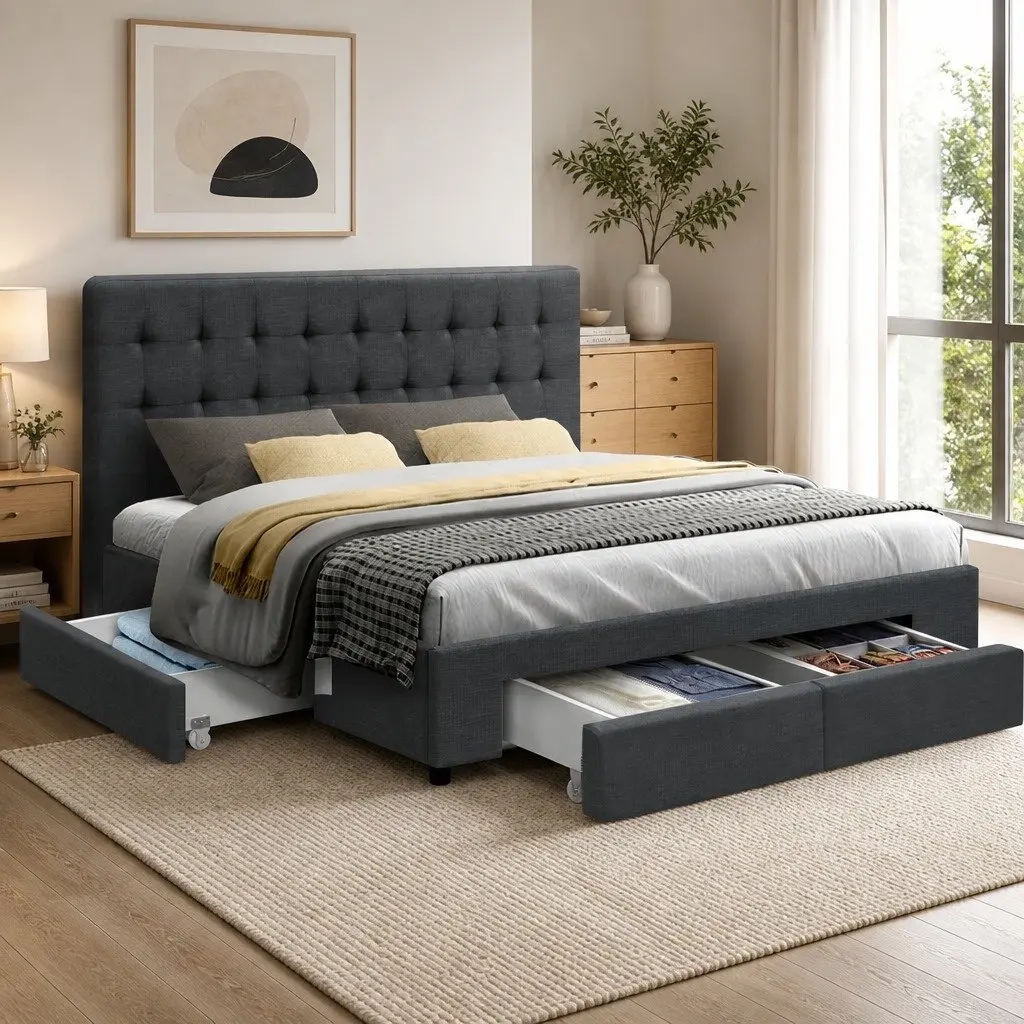 Grey Upholstered Double Bed Frame with 4 Storage Drawers