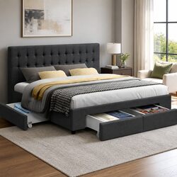 Charcoal Grey King Size Bed Frame with Storage Drawers
