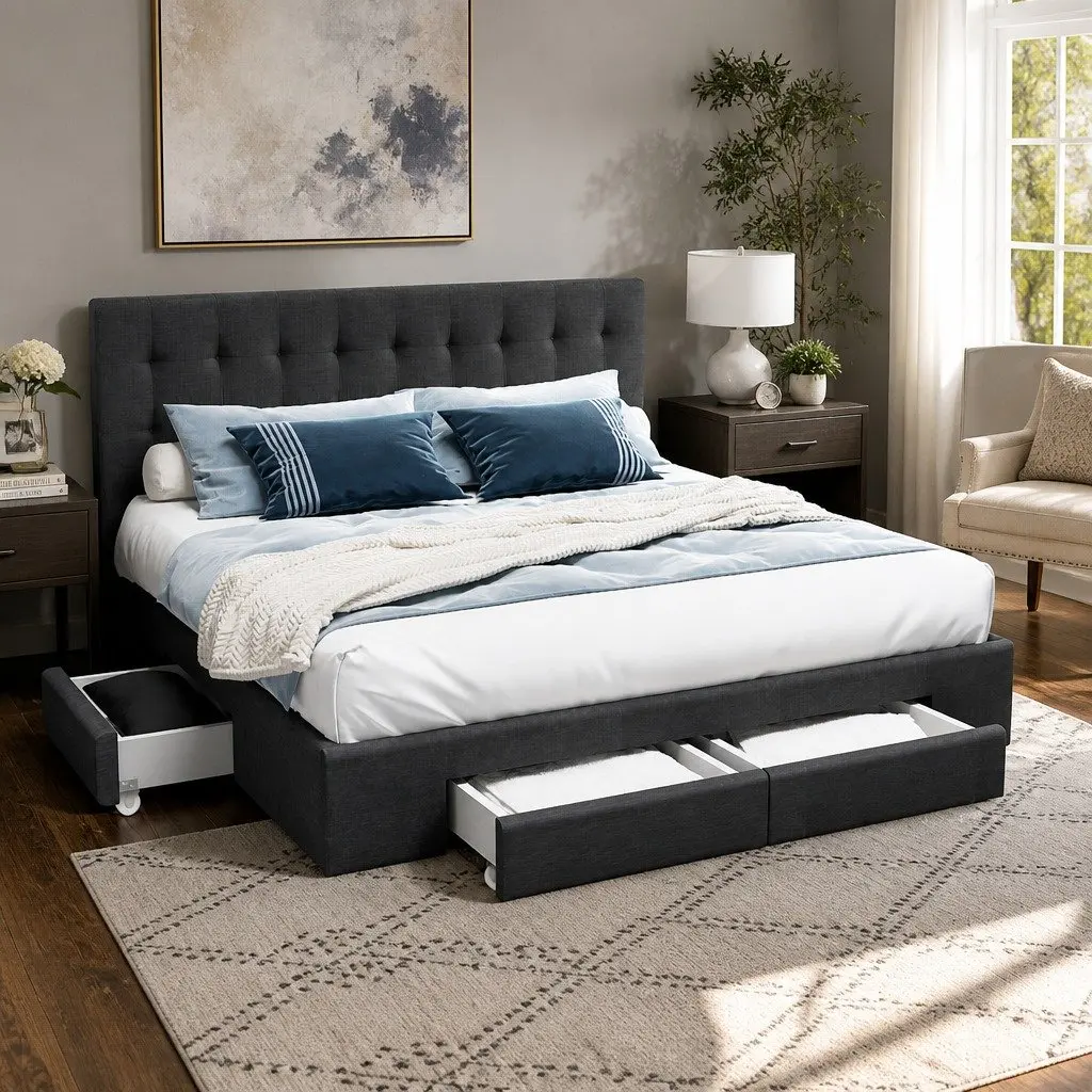 King Size Bed Frame Charcoal Grey Upholstered with 4 Storage Drawers Steel and Wood