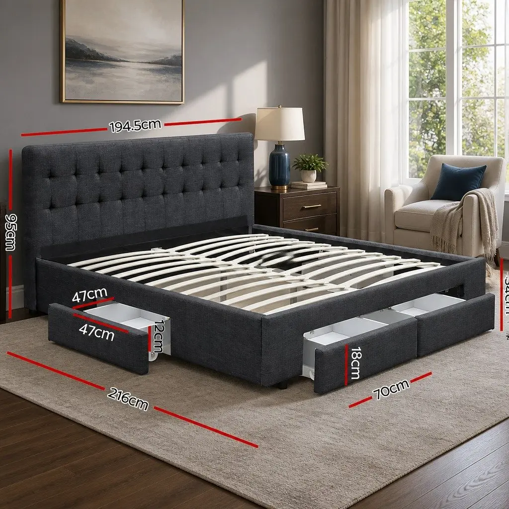 King Size Bed Frame Charcoal Grey Upholstered with 4 Storage Drawers Steel and Wood
