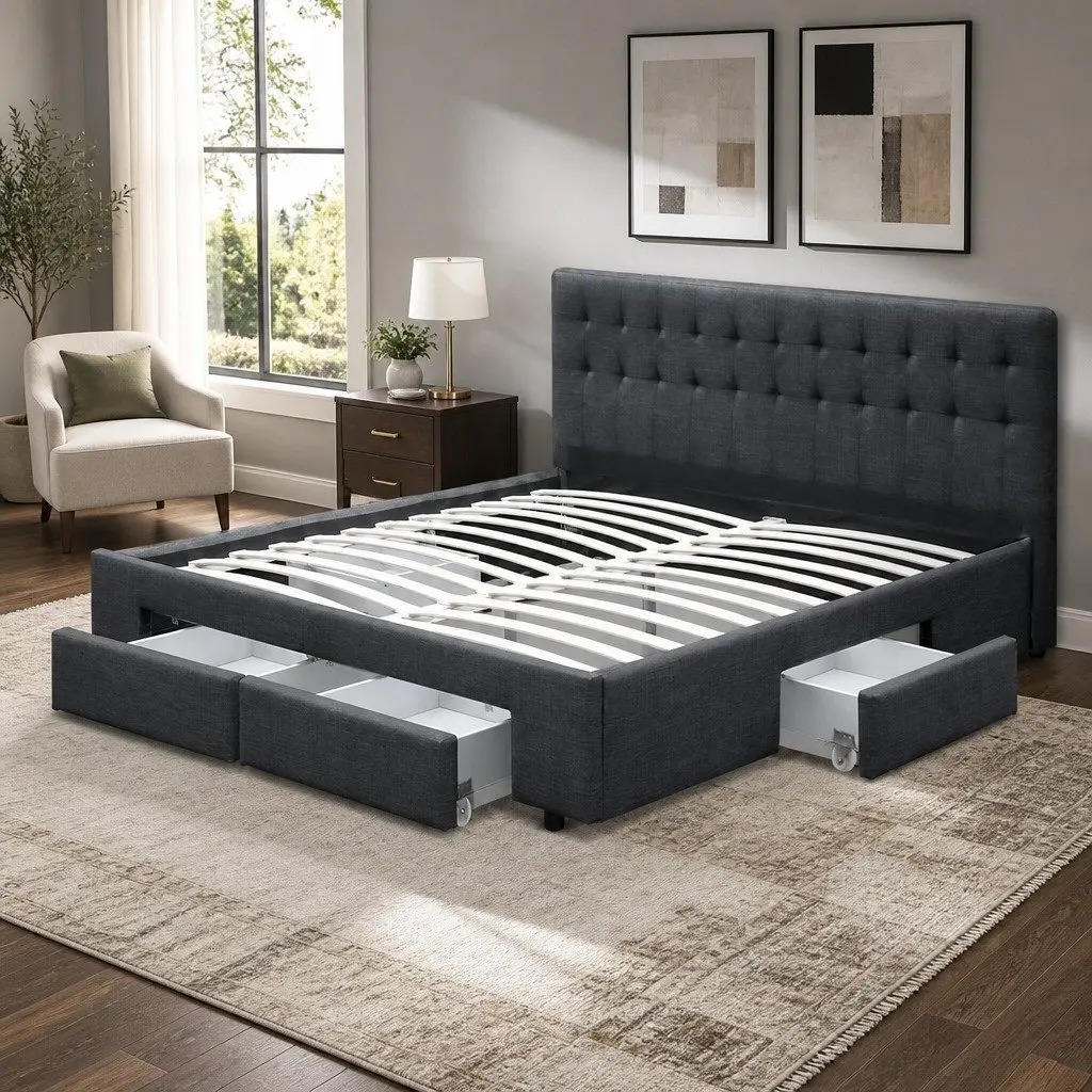 King Size Bed Frame Charcoal Grey Upholstered with 4 Storage Drawers Steel and Wood