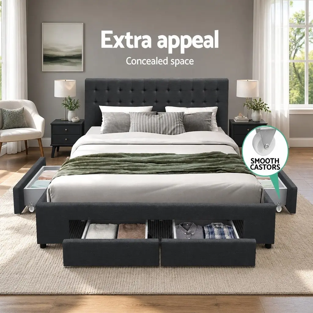 King Size Bed Frame Charcoal Grey Upholstered with 4 Storage Drawers Steel and Wood