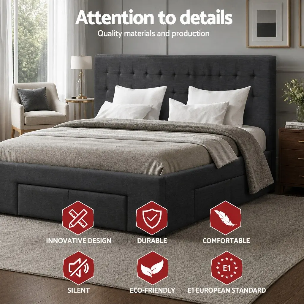 King Size Bed Frame Charcoal Grey Upholstered with 4 Storage Drawers Steel and Wood