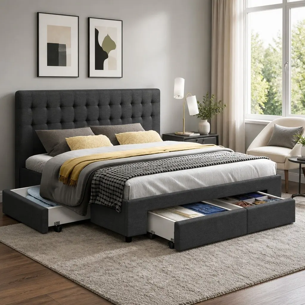 King Size Bed Frame Charcoal Grey Upholstered with 4 Storage Drawers Steel and Wood