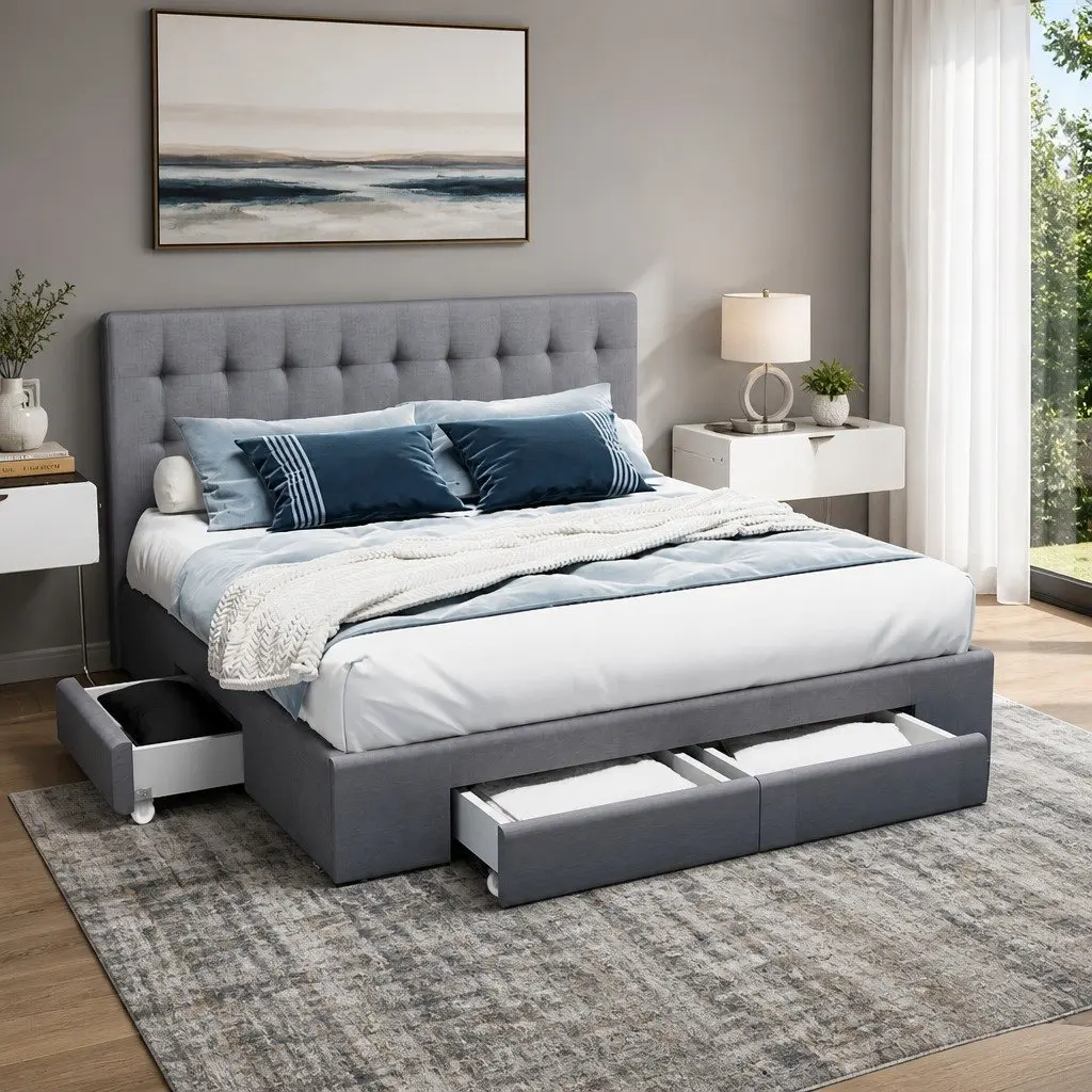 King Size Bed Frame Grey Upholstered Faux Linen Tufted Headboard with 4 Drawers for Storage