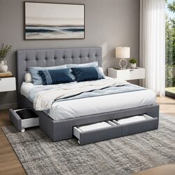 Grey Upholstered King Size Bed Frame with Storage Drawers