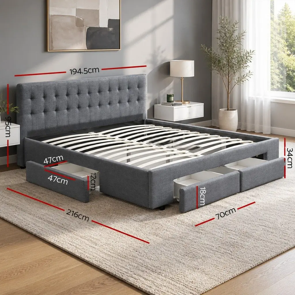 King Size Bed Frame Grey Upholstered Faux Linen Tufted Headboard with 4 Drawers for Storage