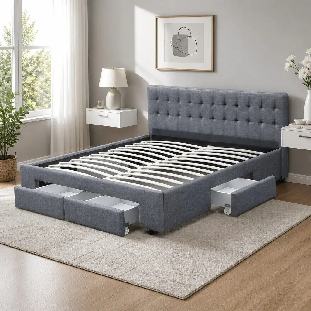 King Size Bed Frame Grey Upholstered Faux Linen Tufted Headboard with 4 Drawers for Storage