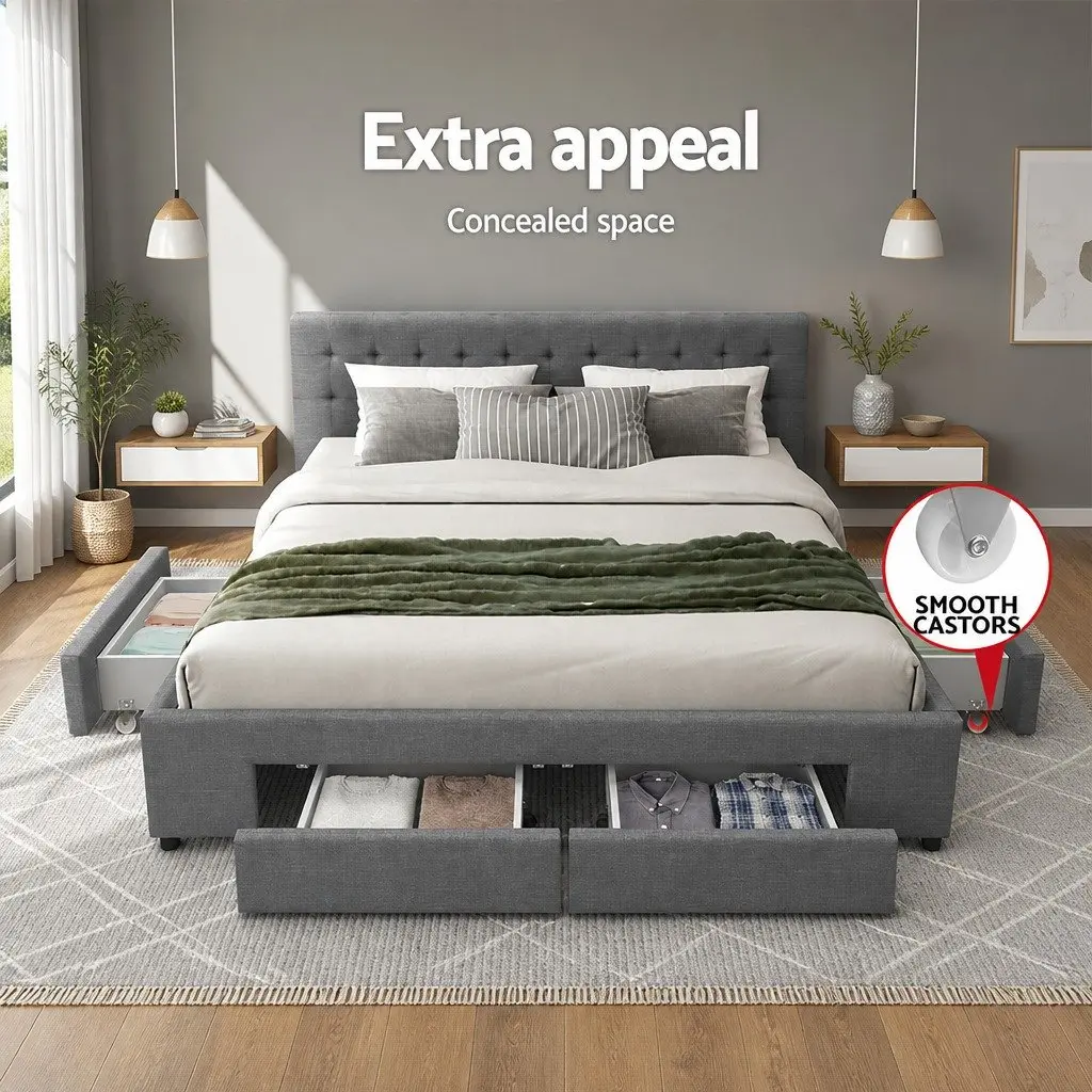 King Size Bed Frame Grey Upholstered Faux Linen Tufted Headboard with 4 Drawers for Storage