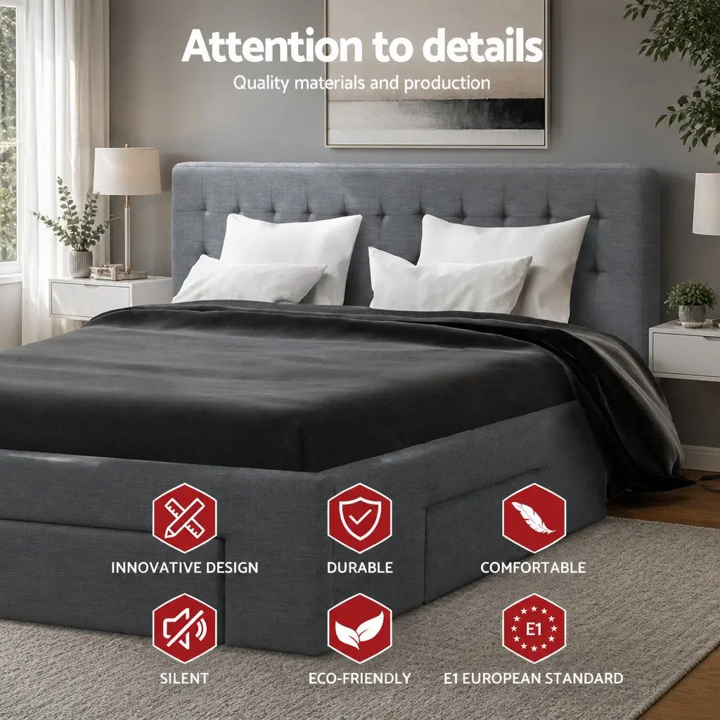 King Size Bed Frame Grey Upholstered Faux Linen Tufted Headboard with 4 Drawers for Storage