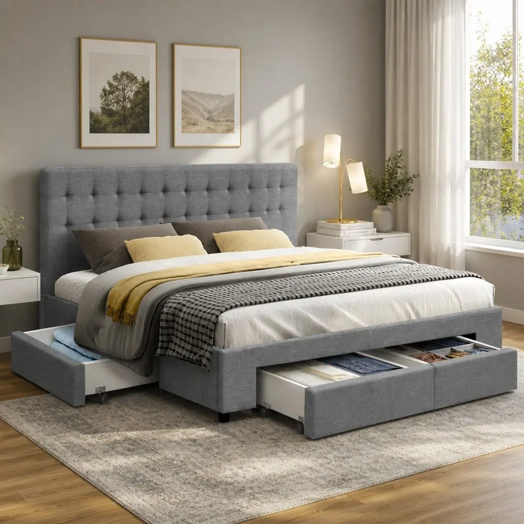 King Size Bed Frame Grey Upholstered Faux Linen Tufted Headboard with 4 Drawers for Storage