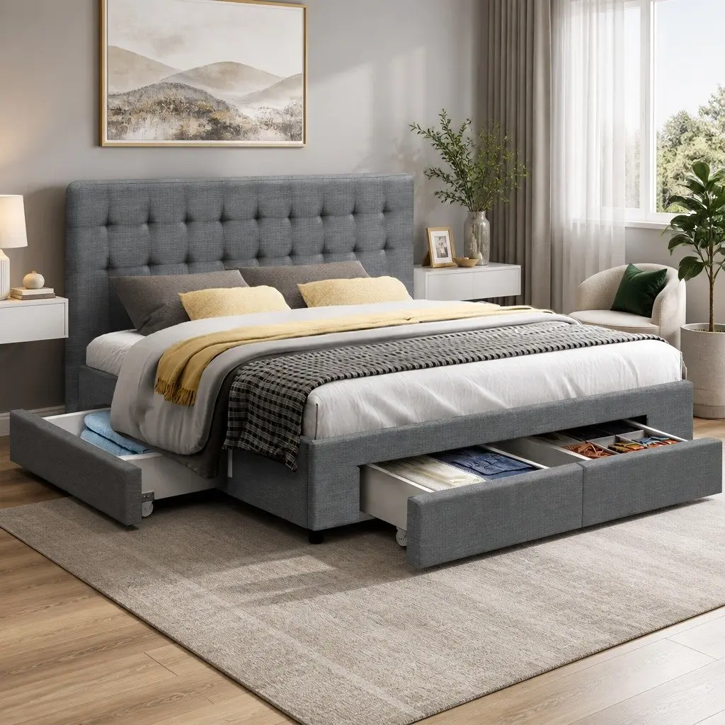 King Size Bed Frame Grey Upholstered Faux Linen Tufted Headboard with 4 Drawers for Storage