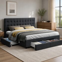 Elegant Queen Size Bed Frame with Storage in Charcoal