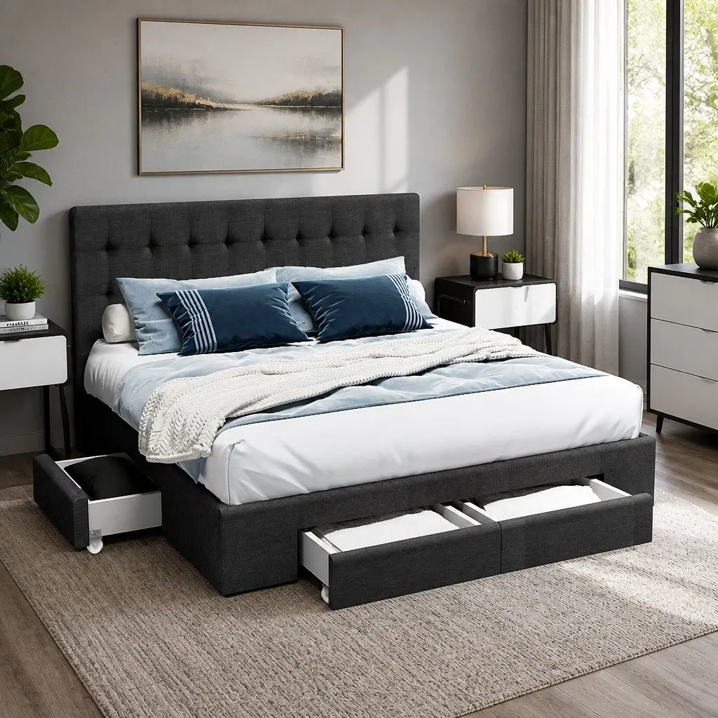 Queen Size Bed Frame with Storage in Charcoal