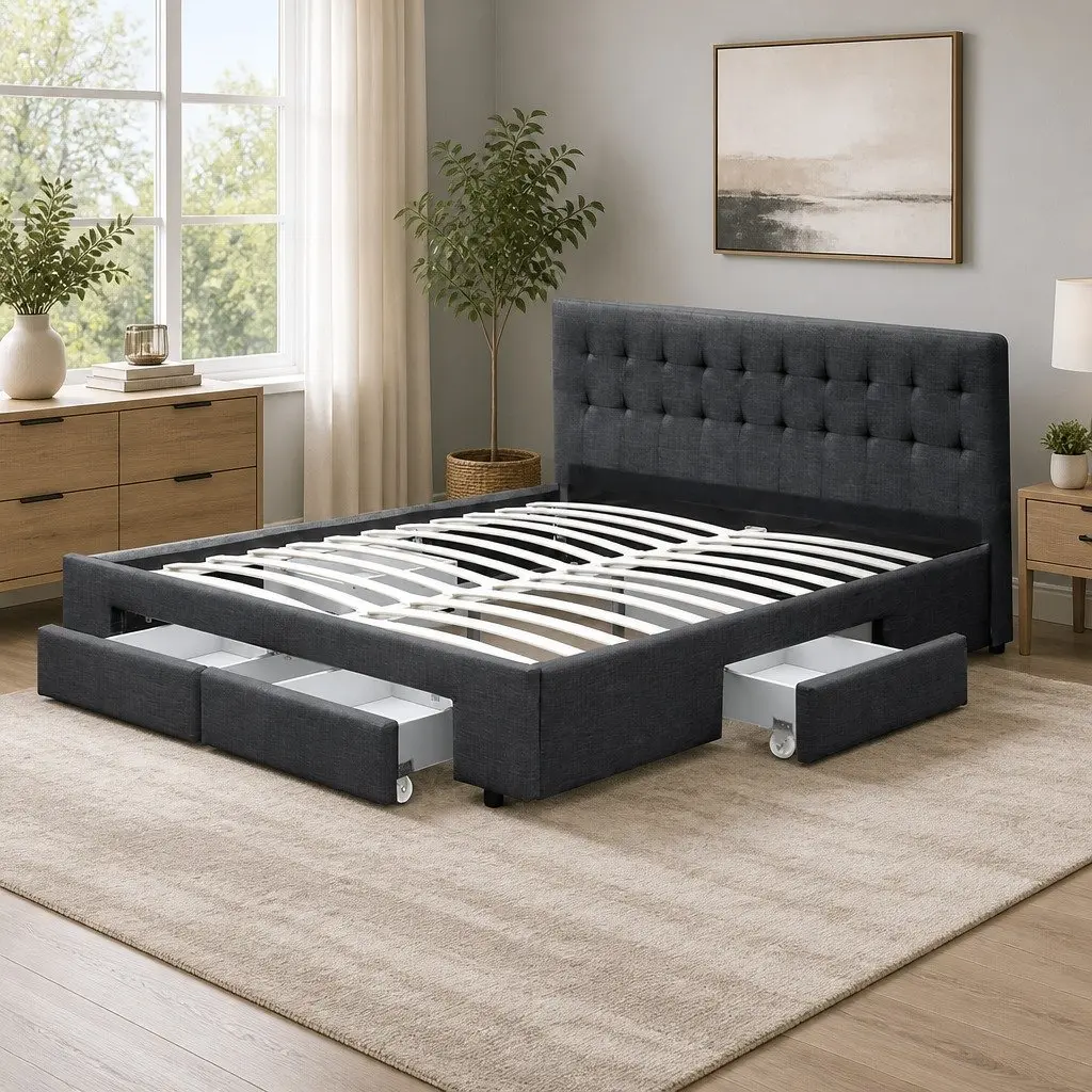 Queen Size Bed Frame with Storage in Charcoal