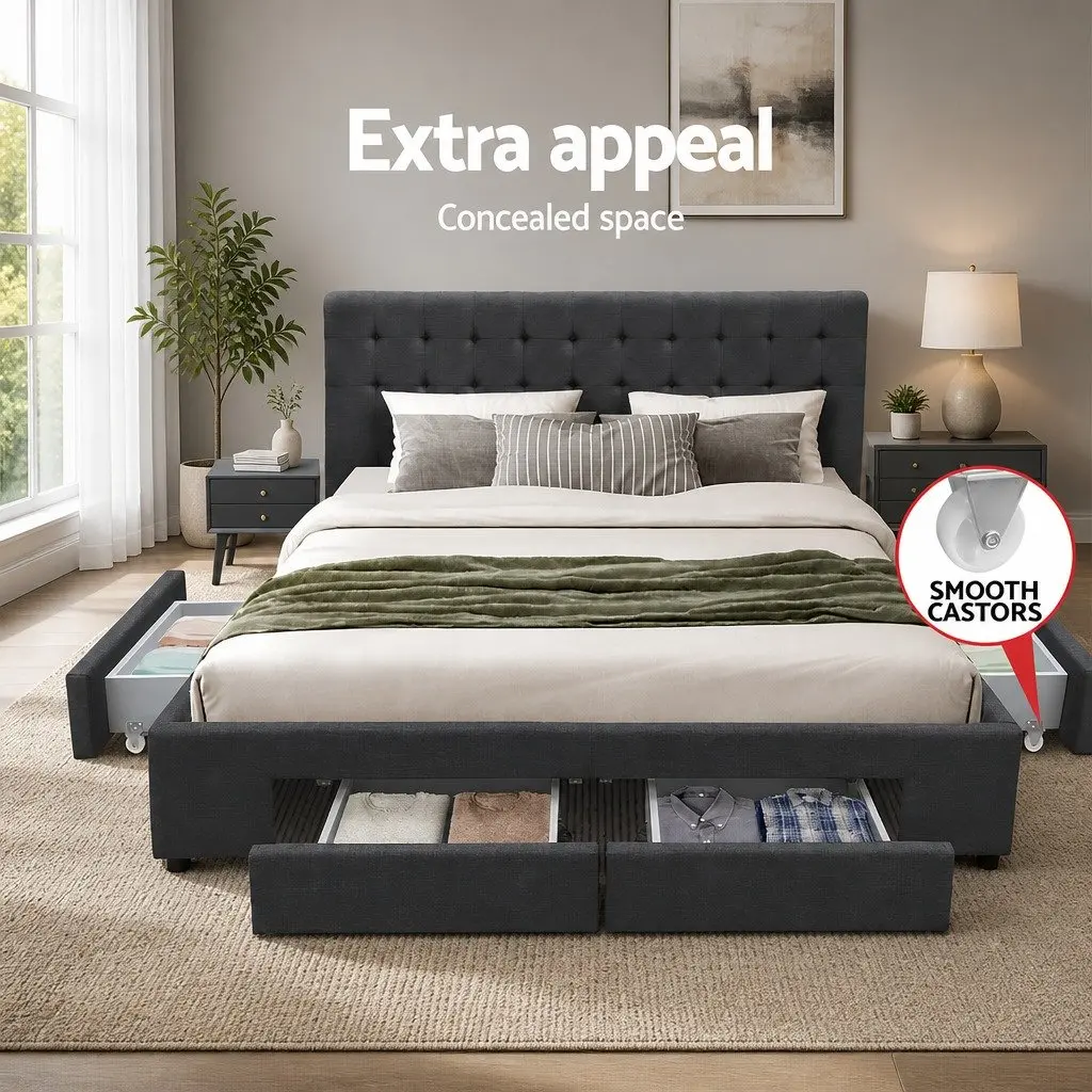 Queen Size Bed Frame with Storage in Charcoal