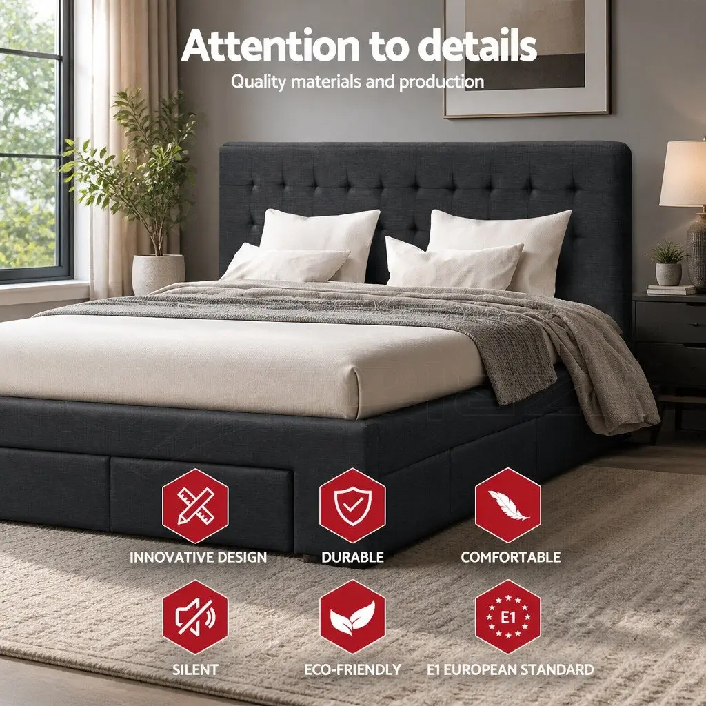 Queen Size Bed Frame with Storage in Charcoal