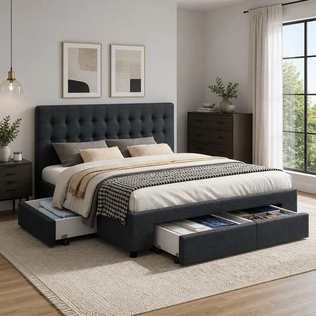 Queen Size Bed Frame with Storage in Charcoal