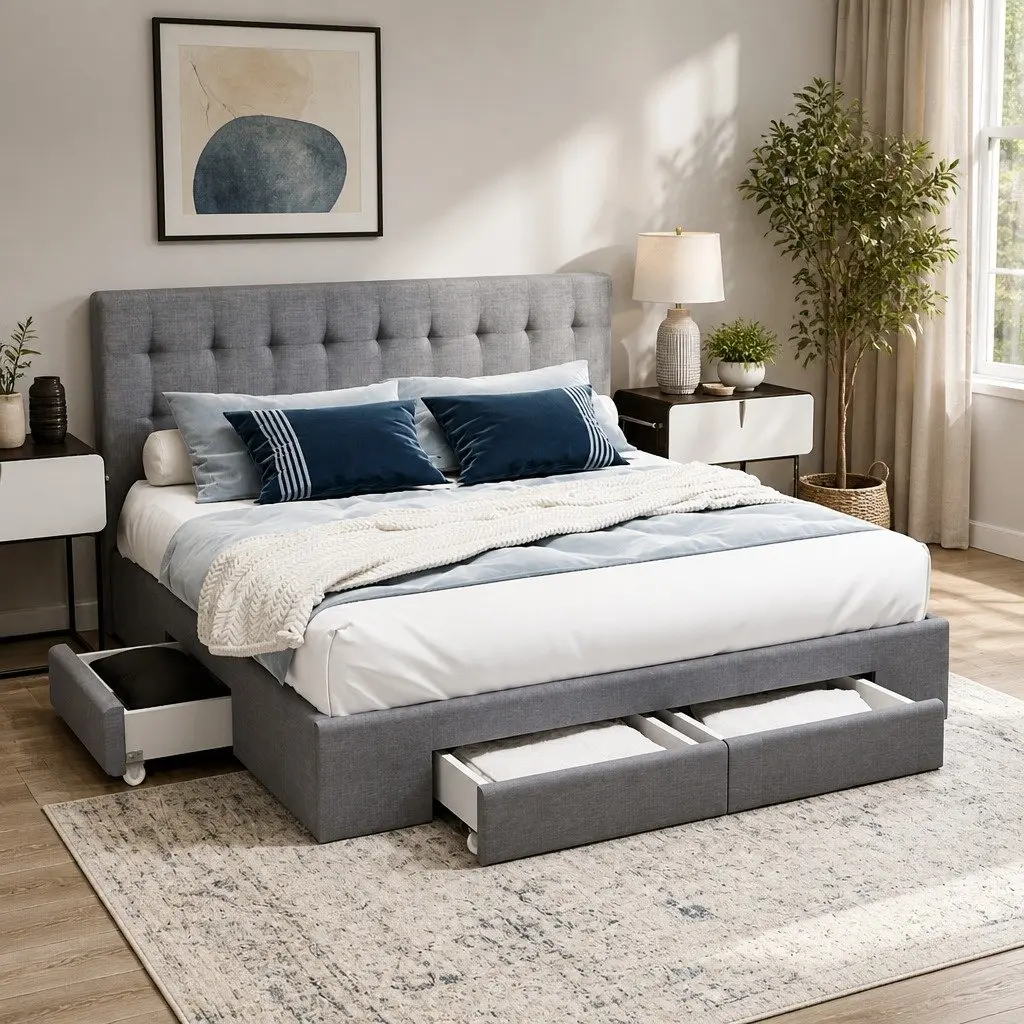 Queen Size Bed Frame Grey Tufted Headboard Faux Linen Fabric with 4 Storage Drawers